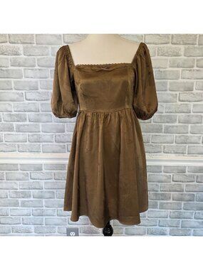 Bohme Brown Satin Puff Sleeve Mini Dress Smocked Square Neck Coquette Cottage M